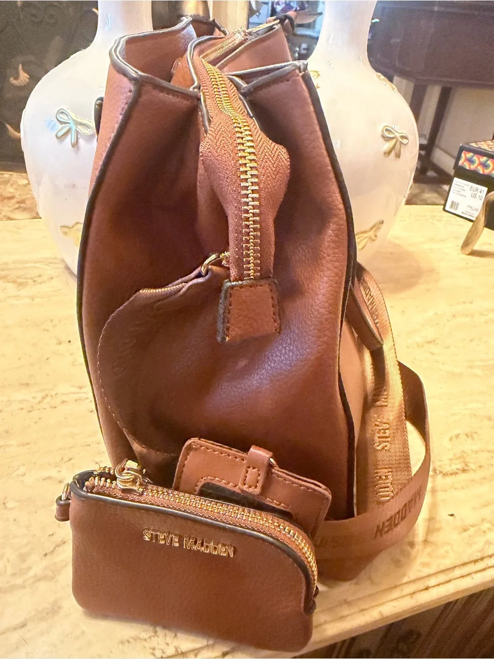 Steve Madden Tan/Brown Leather Messenger Bag with Matching Pouch